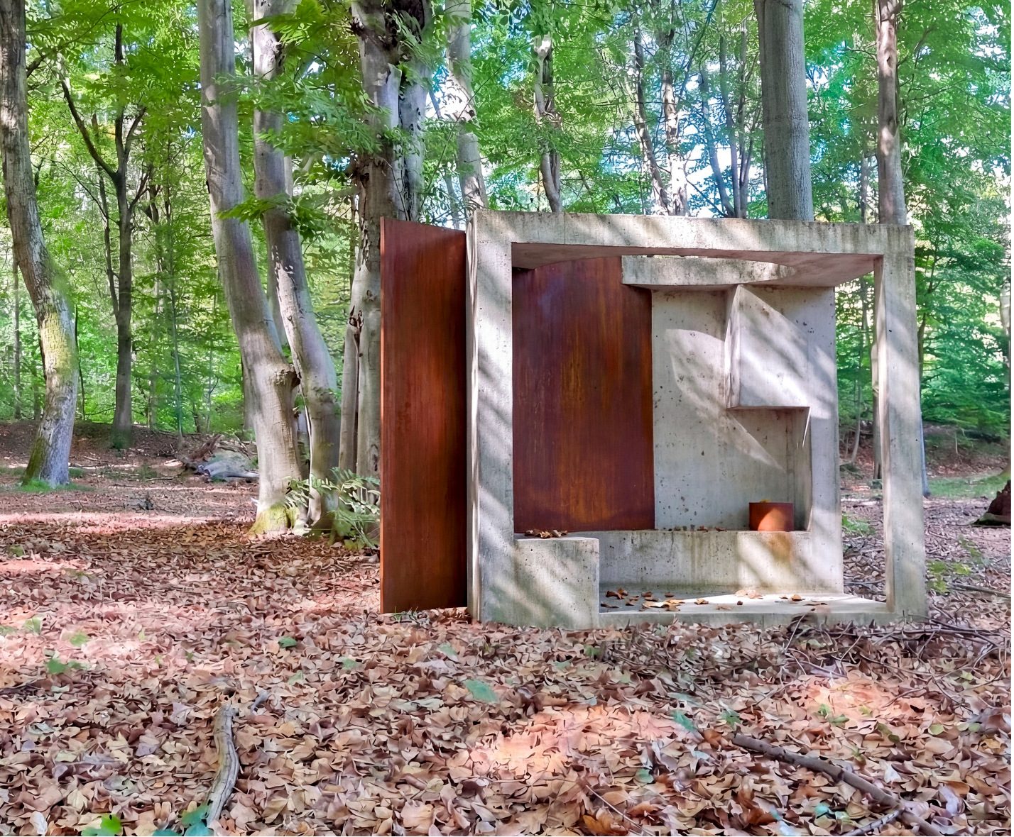 Memorial visualization with weathered steel and concrete in a woodland setting
