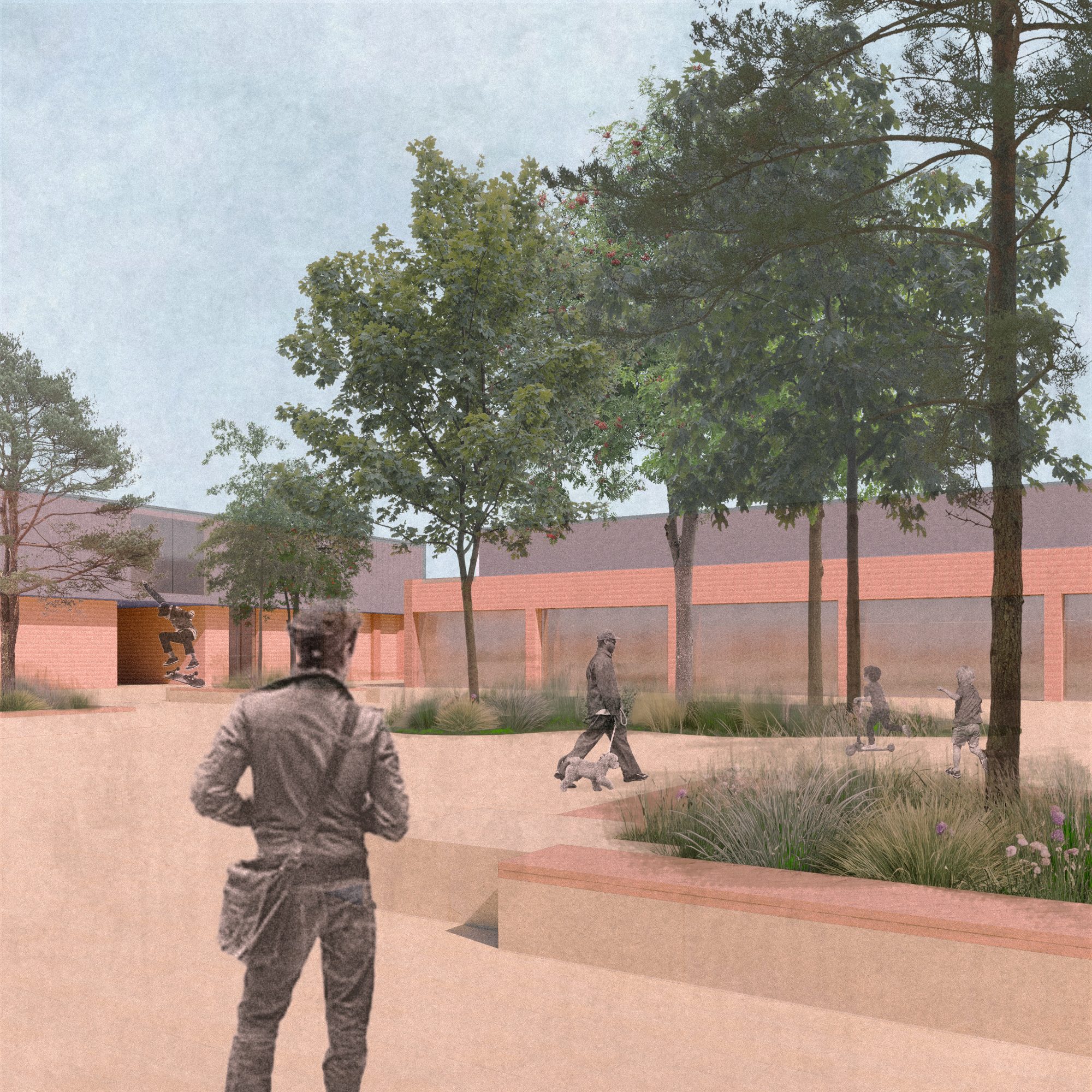 Atmospheric urban design perspective with trees, people and a shared public space